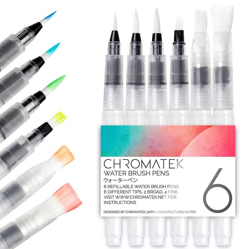 Chromatek AquaPens. Set of 6 Refillable Aqua Watercolor Brushes with Nylon Tips. Easy Water Brush Pens for Painting. Blending & Calligraphy. Includes Online Video Tutorials & Templates - Image 1